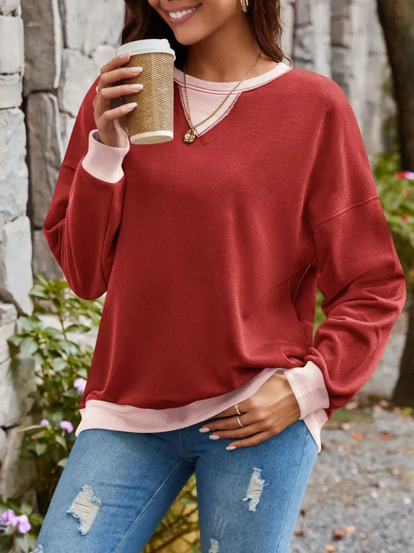 Contrast Lovelet Round Neck Long Sleeve Pullover