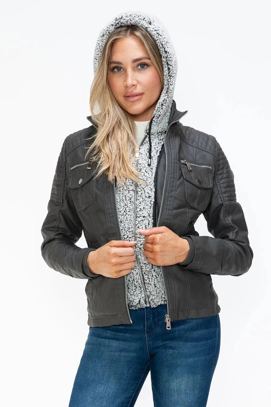 YMI Removable Faux Layered Multi-Pocket Jacket with Fuzzy Hood - ShopEasier