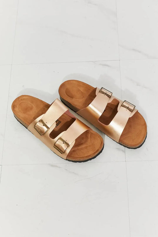 Luxury Double-Banded Cork Slide Sandals in Gold by MMShoes