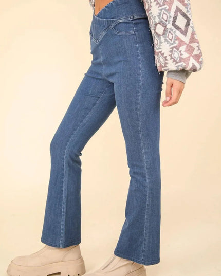 VERY J Washed Denim Stretchy Crossover Waist Leggings - ShopEasier