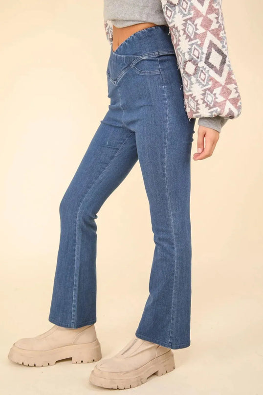 VERY J Washed Denim Stretchy Crossover Waist Leggings - ShopEasier