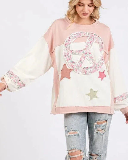 Peace & Star Patch Contrast Round Neck Casual Sweatshirt