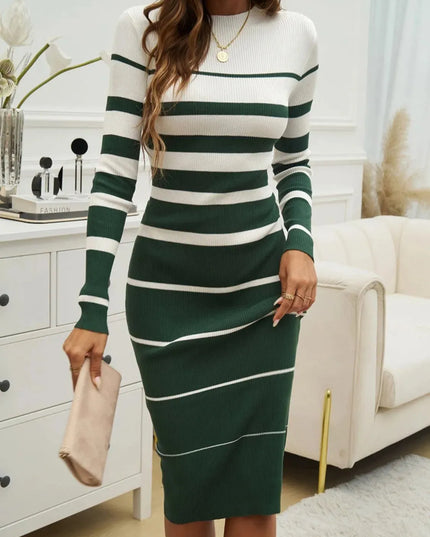 Devine Color Block Round Neck Long Sleeve Midi Dress - ShopEasier