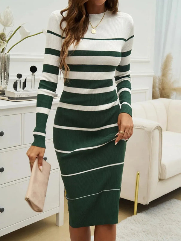 Devine Color Block Round Neck Long Sleeve Midi Dress - ShopEasier