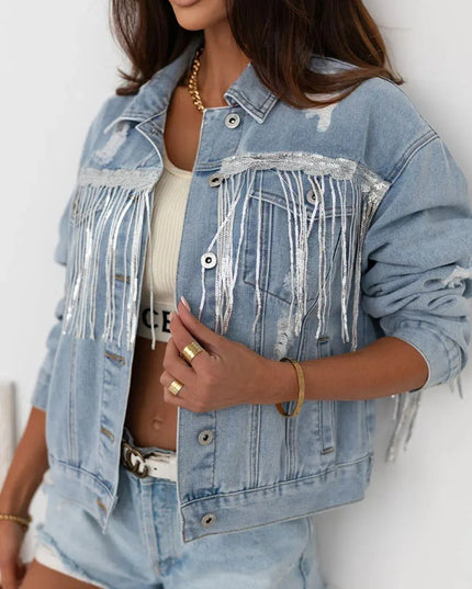 Sequin Fringe Trim Distressed Button Up Denim Jacket - ShopEasier