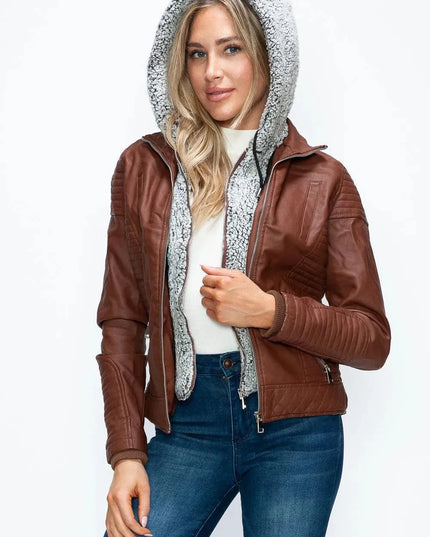 YMI Faux Layered Double-Zipper Jacket with Fuzzy Hood - ShopEasier