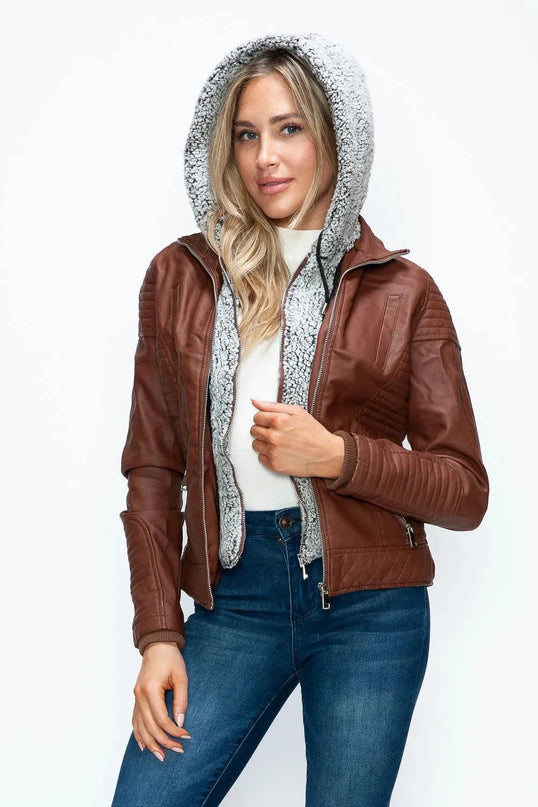 YMI Faux Layered Double-Zipper Jacket with Fuzzy Hood - ShopEasier