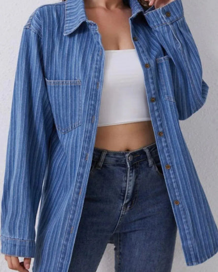 Striped Texture Collared Neck Denim Top - ShopEasier