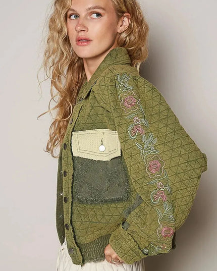 POL Embroidered Sleeve Raw Edge Quilted Jacket - ShopEasier