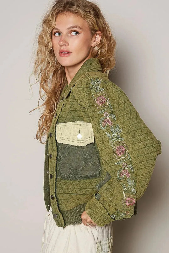 POL Embroidered Sleeve Raw Edge Quilted Jacket - ShopEasier