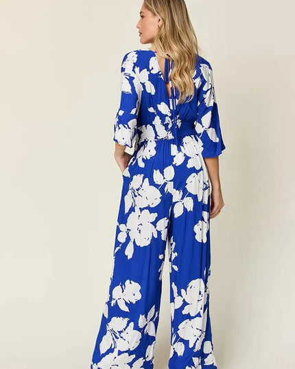 Double Take Full Size Printed Tie Back Wide Leg Jumpsuit - ShopEasier