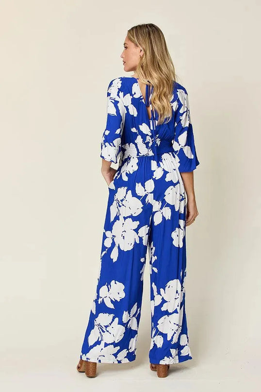 Double Take Full Size Printed Tie Back Wide Leg Jumpsuit - ShopEasier