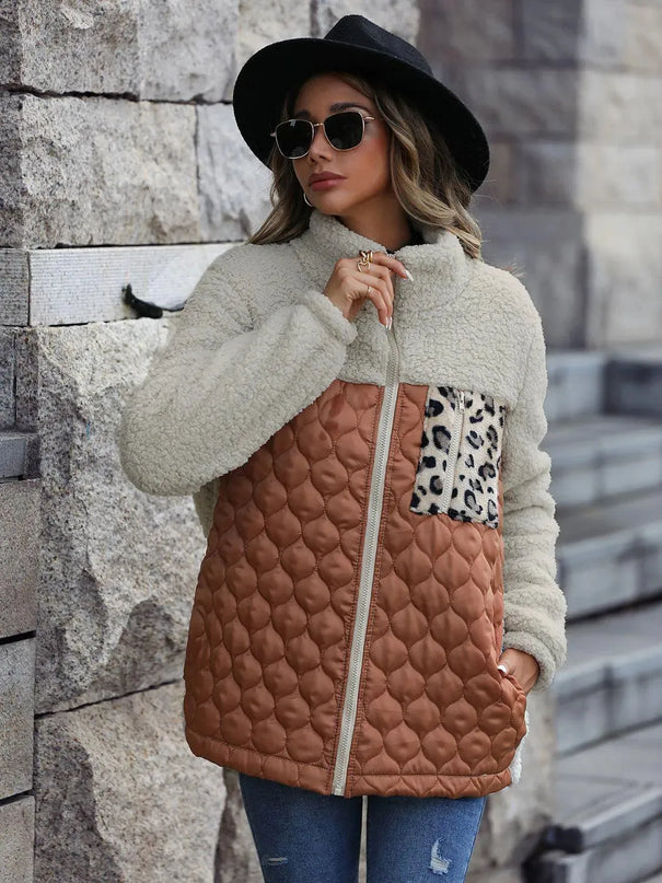 Leopard Print Color Block Zip-Up Hooded Jacket