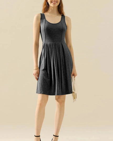 Doublju Full Size Round Neck Ruched Sleeveless Dress with Pockets - ShopEasier