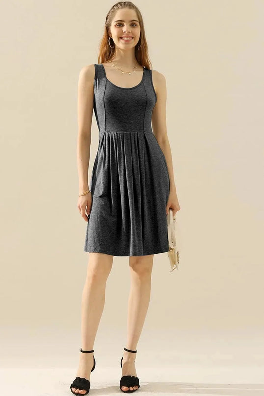 Doublju Full Size Round Neck Ruched Sleeveless Dress with Pockets - ShopEasier