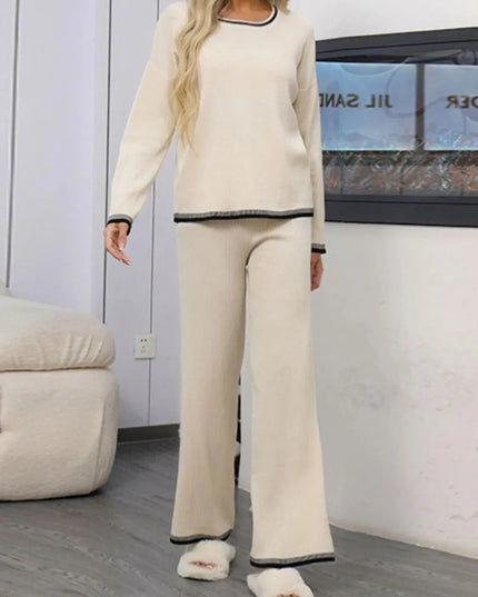 Two-Piece Round Neck Sweater Set with Contrast Trim