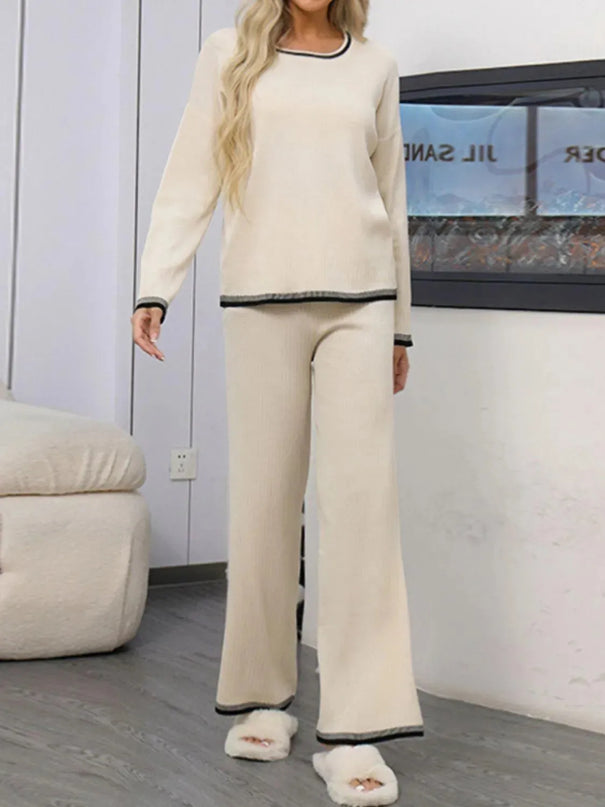 Two-Piece Round Neck Sweater Set with Contrast Trim