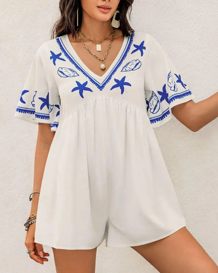 Printed V-Neck Half Sleeve Romper - ShopEasier