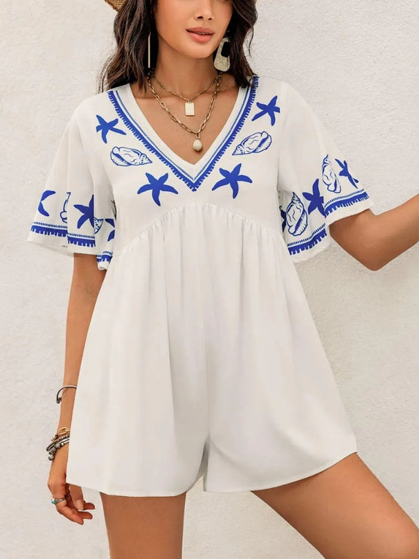 Printed V-Neck Half Sleeve Romper - ShopEasier