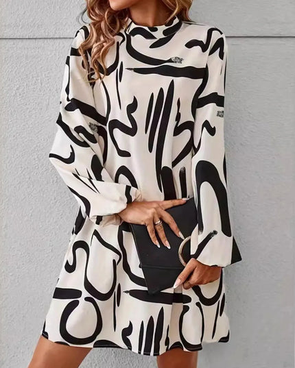 Printed Mock Neck Long Sleeve Mini Dress - ShopEasier