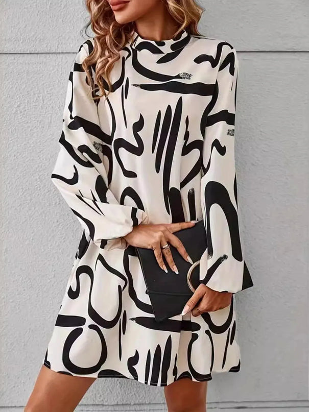 Printed Mock Neck Long Sleeve Mini Dress - ShopEasier