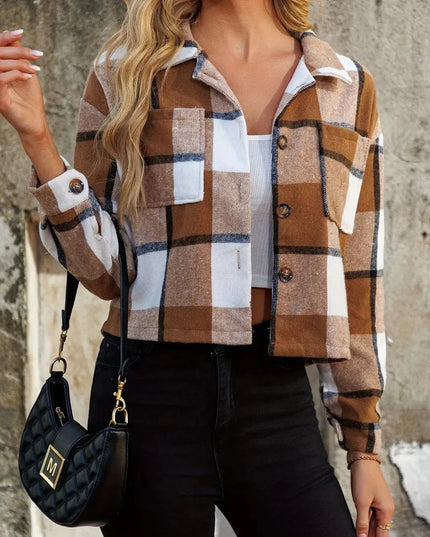 Plaid Cropped Jacket with Collared Neckline