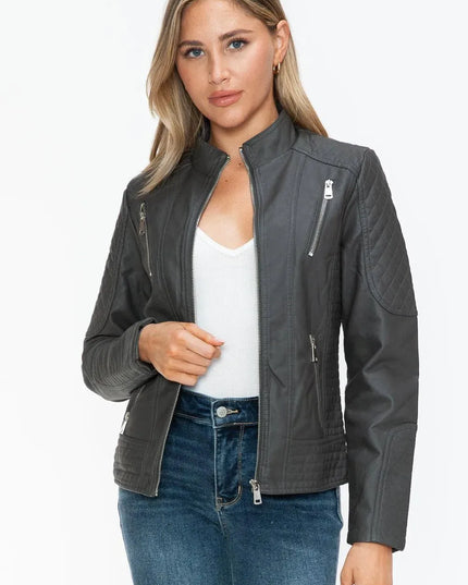 Snobbish Faux Leather Zip Up Mock Neck Jacket - ShopEasier