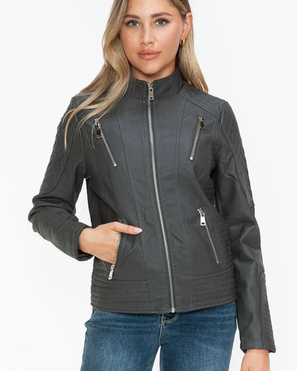 Snobbish Faux Leather Zip Up Mock Neck Jacket - ShopEasier