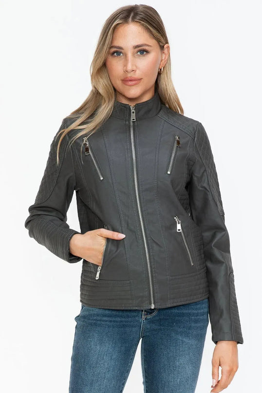 Snobbish Faux Leather Zip Up Mock Neck Jacket - ShopEasier