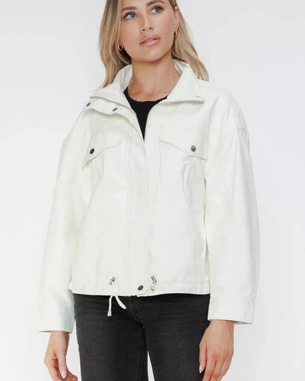 How Dare U Drawstring Hem PU Leather Zip Up Jacket - ShopEasier