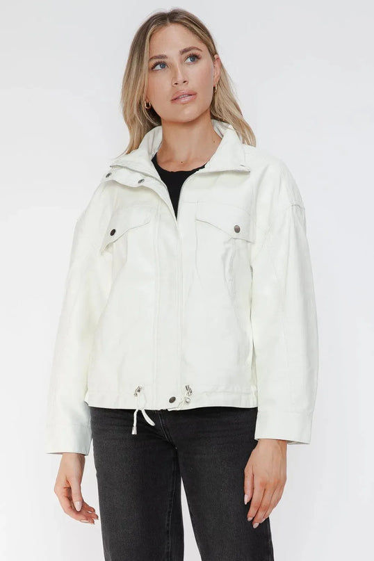 How Dare U Drawstring Hem PU Leather Zip Up Jacket - ShopEasier