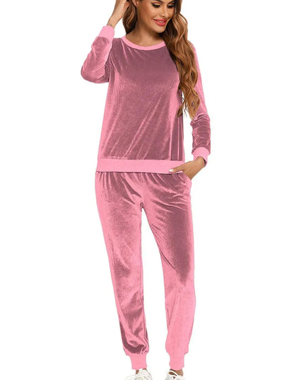 Cozy Round Neck Long Sleeve Lounge Set with Convenient Pockets