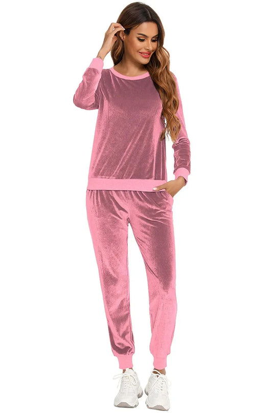 Cozy Round Neck Long Sleeve Lounge Set with Convenient Pockets