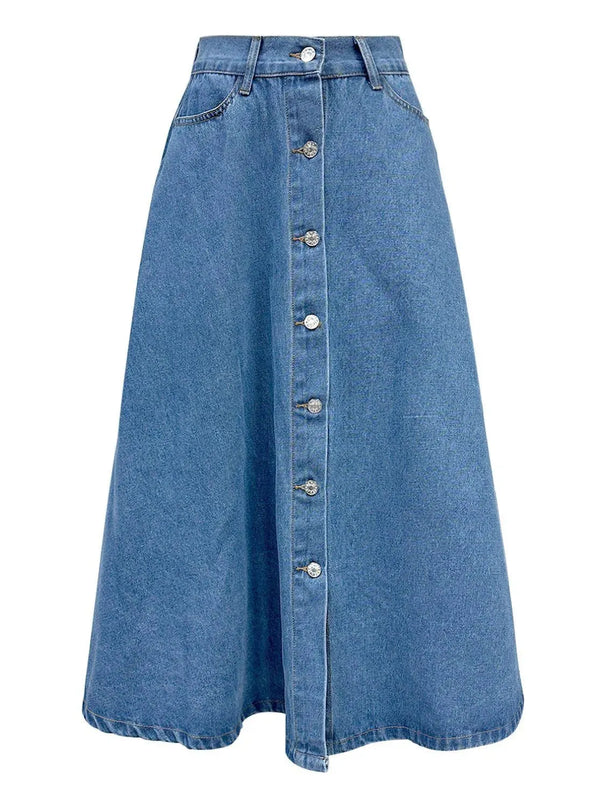 Buttoned Midi Denim Skirt with Pockets - ShopEasier