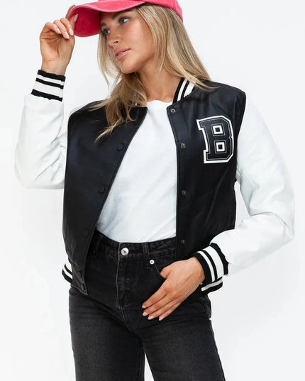 Love Me Now PU Leather Contrast Snap Down Bomber Jacket - ShopEasier