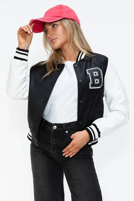 Love Me Now PU Leather Contrast Snap Down Bomber Jacket - ShopEasier