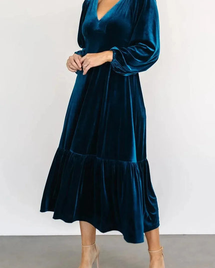 V-Neck Long Sleeve Midi Velvet Dress