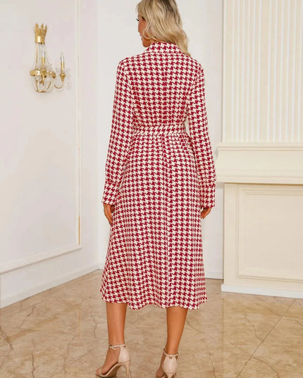 Tied Houndstooth Long Sleeve Midi Dress