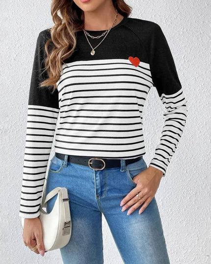 Contrast Striped Long Sleeve Round Neck Tee