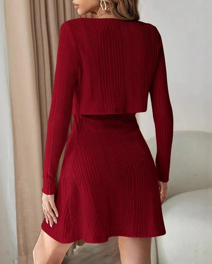 Ribbed Long Sleeve Cropped Cardigan and Cami Dress Set