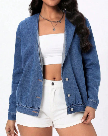 Button Up Hooded Denim Top - ShopEasier