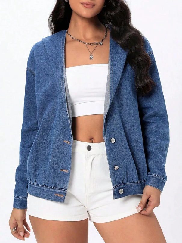 Button Up Hooded Denim Top - ShopEasier