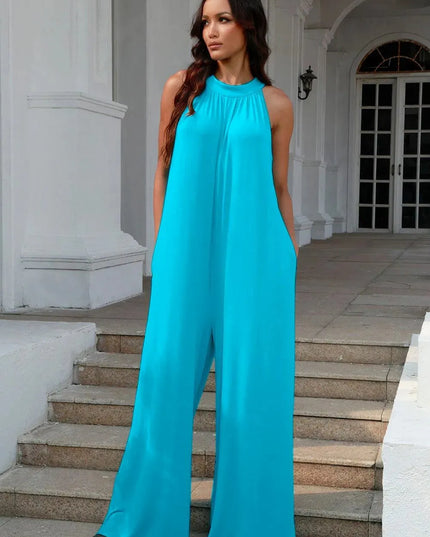 Double Take Full Size Tie Back Cutout Sleeveless Jumpsuit - ShopEasier