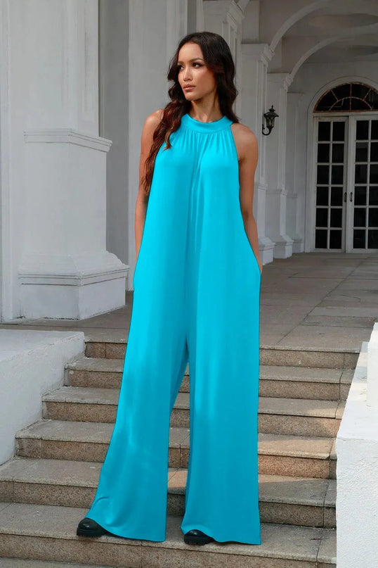 Double Take Full Size Tie Back Cutout Sleeveless Jumpsuit - ShopEasier