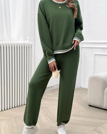 Chic Dropped Shoulder Sweater Set with Round Neck Top and Pants