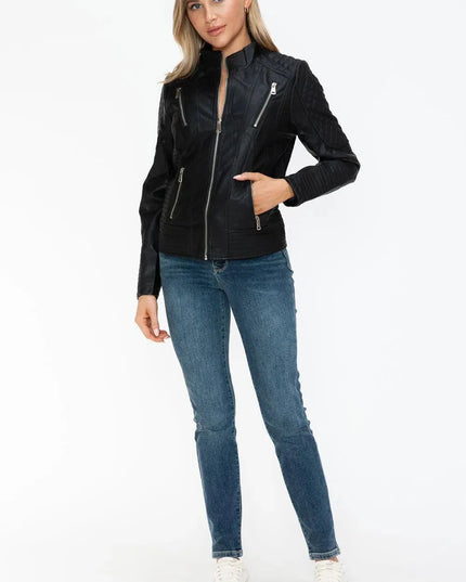 Snobbish Faux Leather Zip Up Mock Neck Jacket - ShopEasier