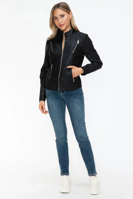 Snobbish Faux Leather Zip Up Mock Neck Jacket - ShopEasier