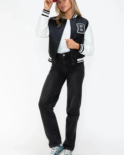 Love Me Now PU Leather Contrast Snap Down Bomber Jacket - ShopEasier