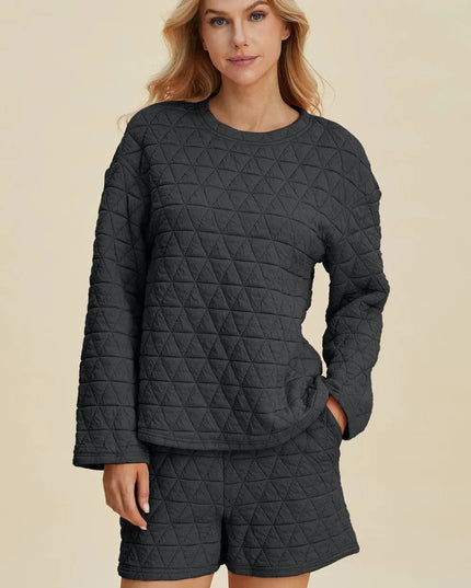 Sleek Comfort: Full Size Round Neck Long Sleeve Top and Shorts Duo