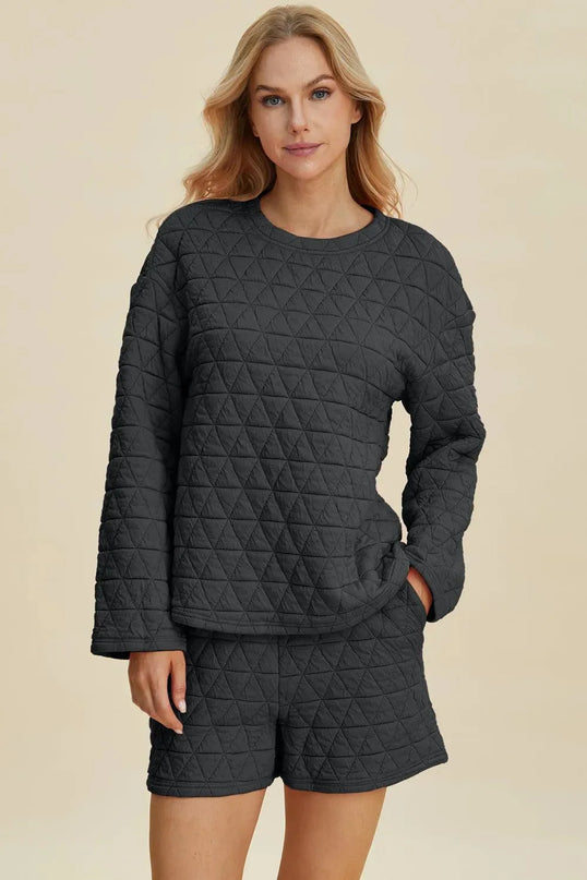 Sleek Comfort: Full Size Round Neck Long Sleeve Top and Shorts Duo